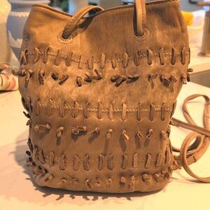 Tan Stitched & Knotted Crossbody Shoulder Bucket Bag Boho Festival
